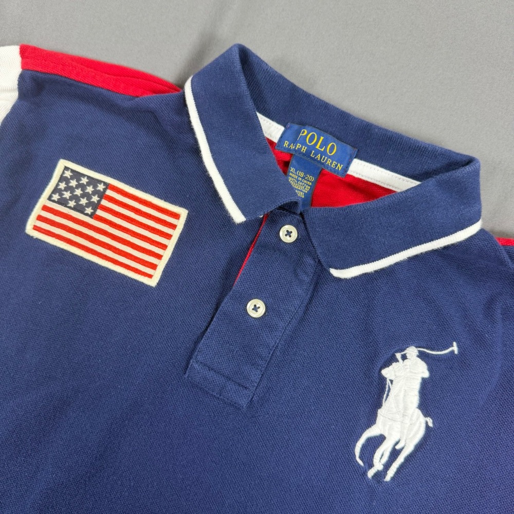 Polo Ralph Lauren Kids XL 18-20 Big Pony USA Flag Colorblock Polo Shirt Blue Red